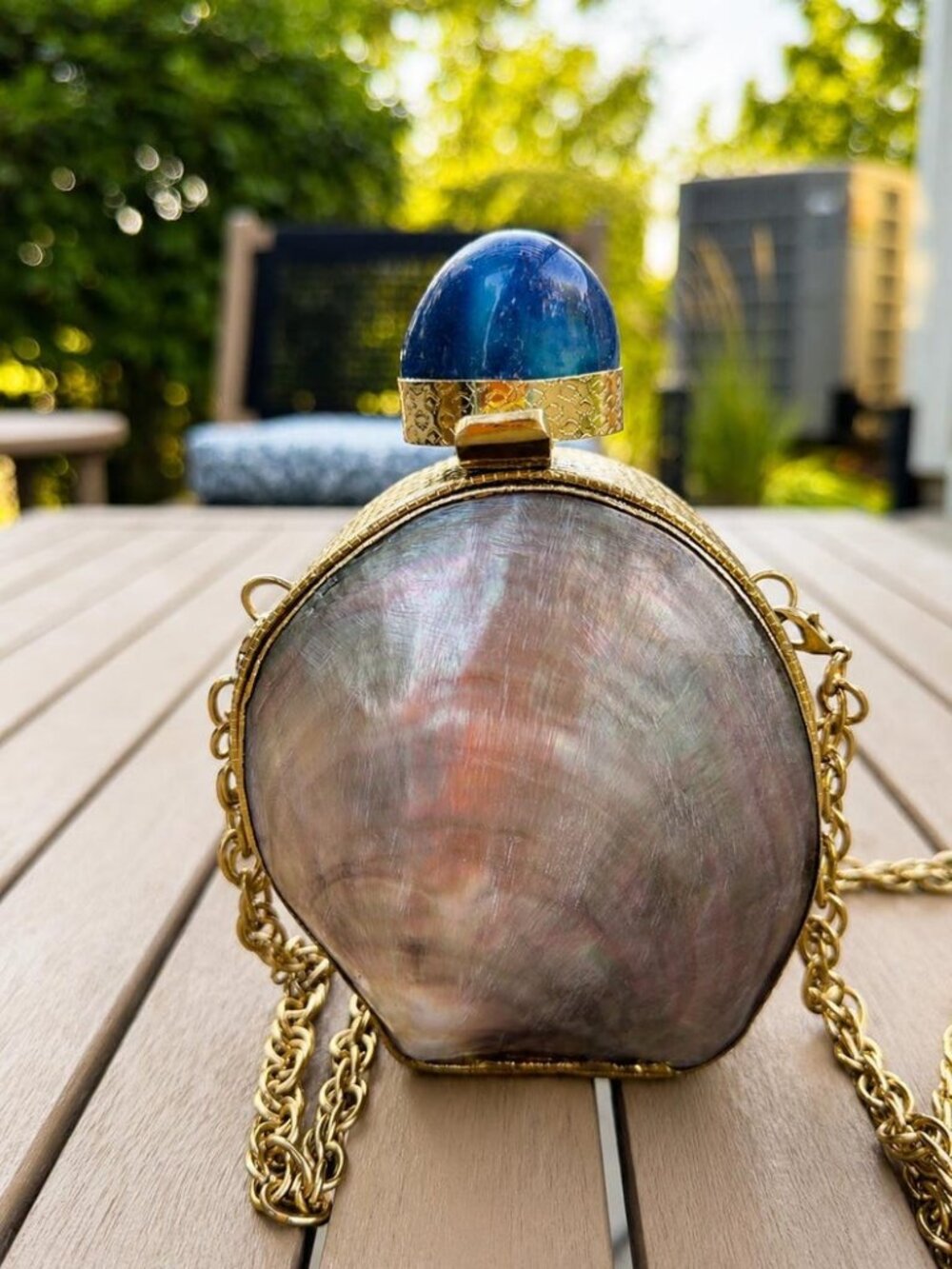 Natural Mother of Pearl Shell Mini Clutch Bag Blue Stone Gold Chain